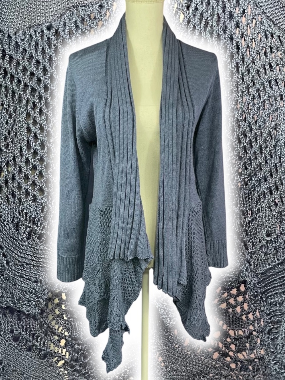 Lagenlook Crochet Layered Cardigan M Boho Chic Mesh Hem Waterfall Open Front